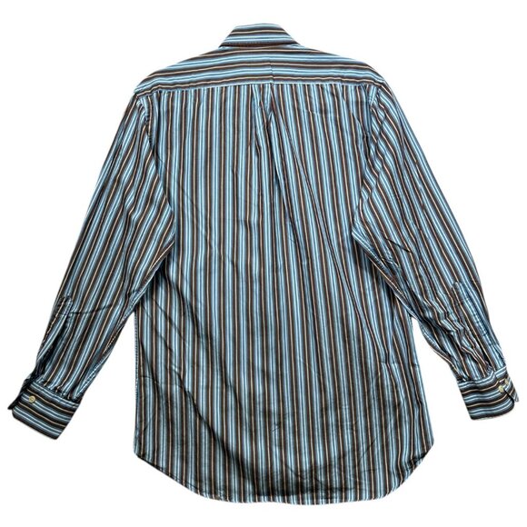 Peter Millar Mens Medium Striped Button-Down Shirt Brown & Blue Collar - Picture 4 of 7